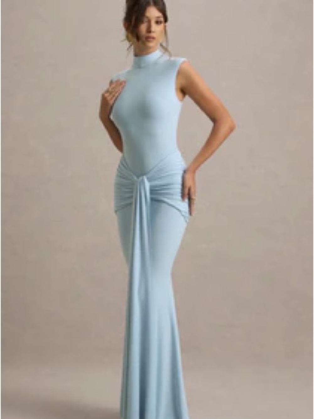 Club L London - Powder Blue High-Neck Gathered Draped Maxi Dress